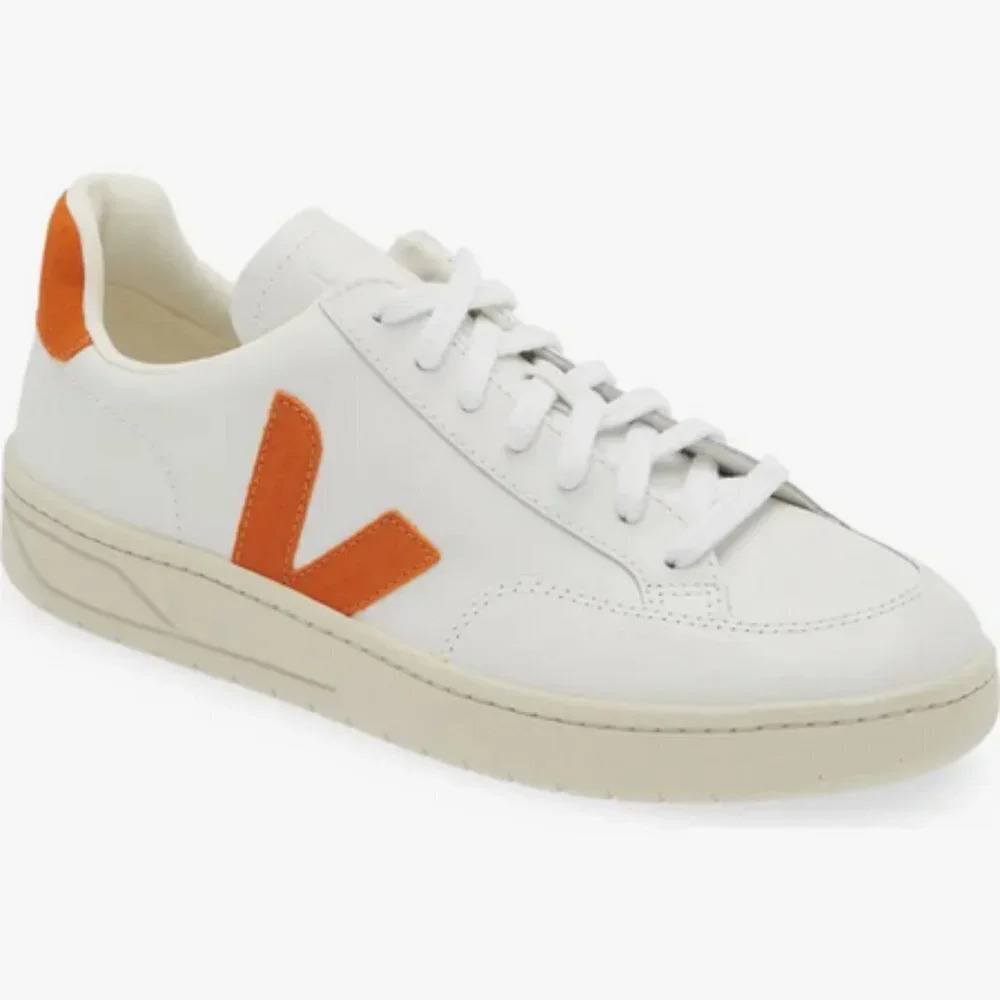 Veja Men's V-12 Low Top Sneaker in White/Pumpkin.  Sz: 7